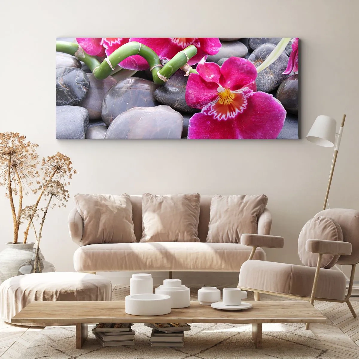 Cuadro sobre lienzo - Impresión de Imagen - Orquídeas rosas sobre un fondo de piedras lisas. - 120x50cm - Frío y calor - Decoración de pared moderna para salón y dormitorio ARTTOR