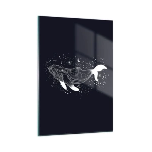 Cuadro sobre vidrio - Impresiones sobre Vidrio - Silueta blanca gráfica de una ballena flotando en el espacio. - 50x70cm - En el océano del universo - Decoración de pared moderna para salón y dormitorio ARTTOR