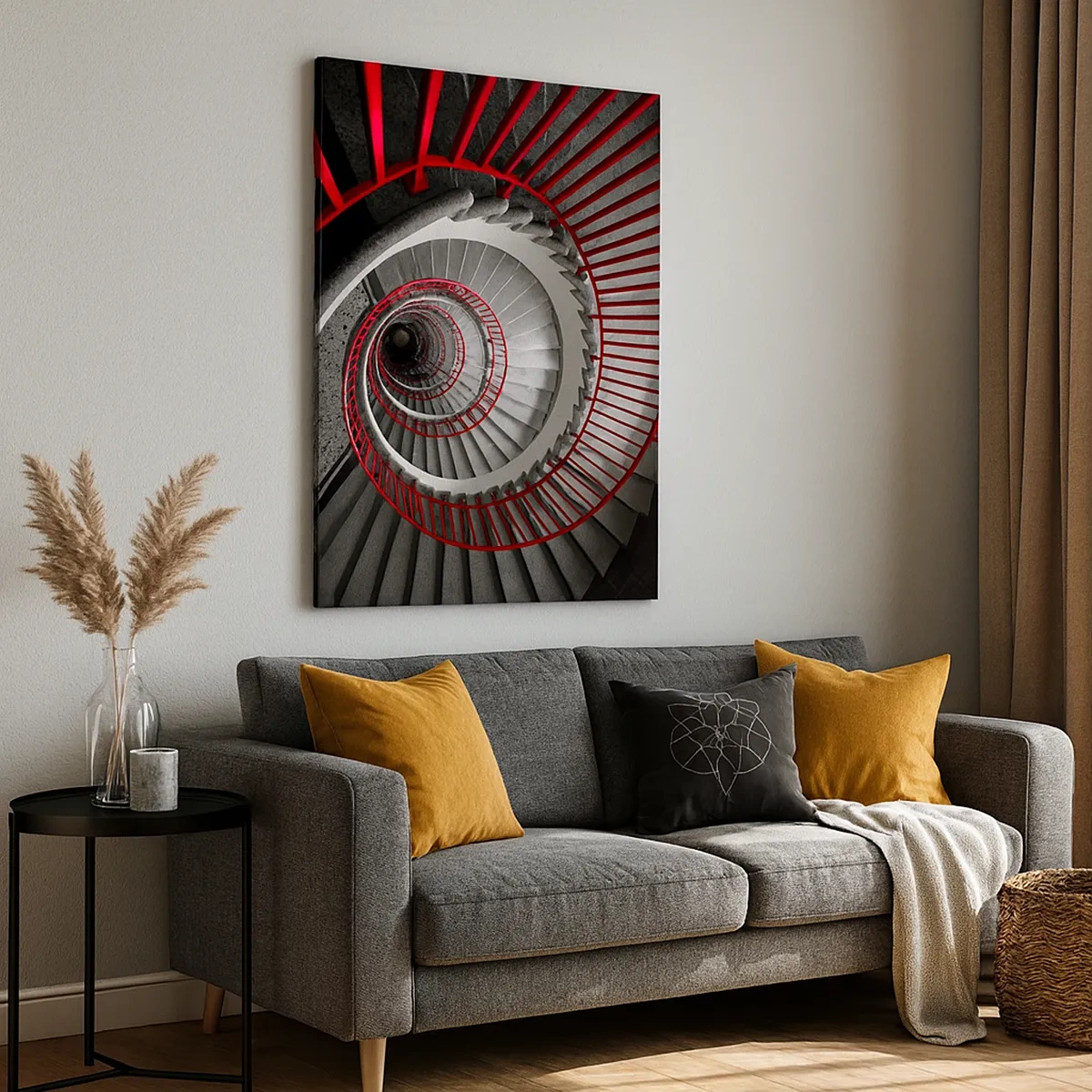 Cuadro sobre lienzo - Impresión de Imagen - Escalera de caracol con pasamanos rojos en perspectiva dinámica. - 50x70cm - Juegos arquitectónicos - Decoración de pared moderna para salón y dormitorio ARTTOR