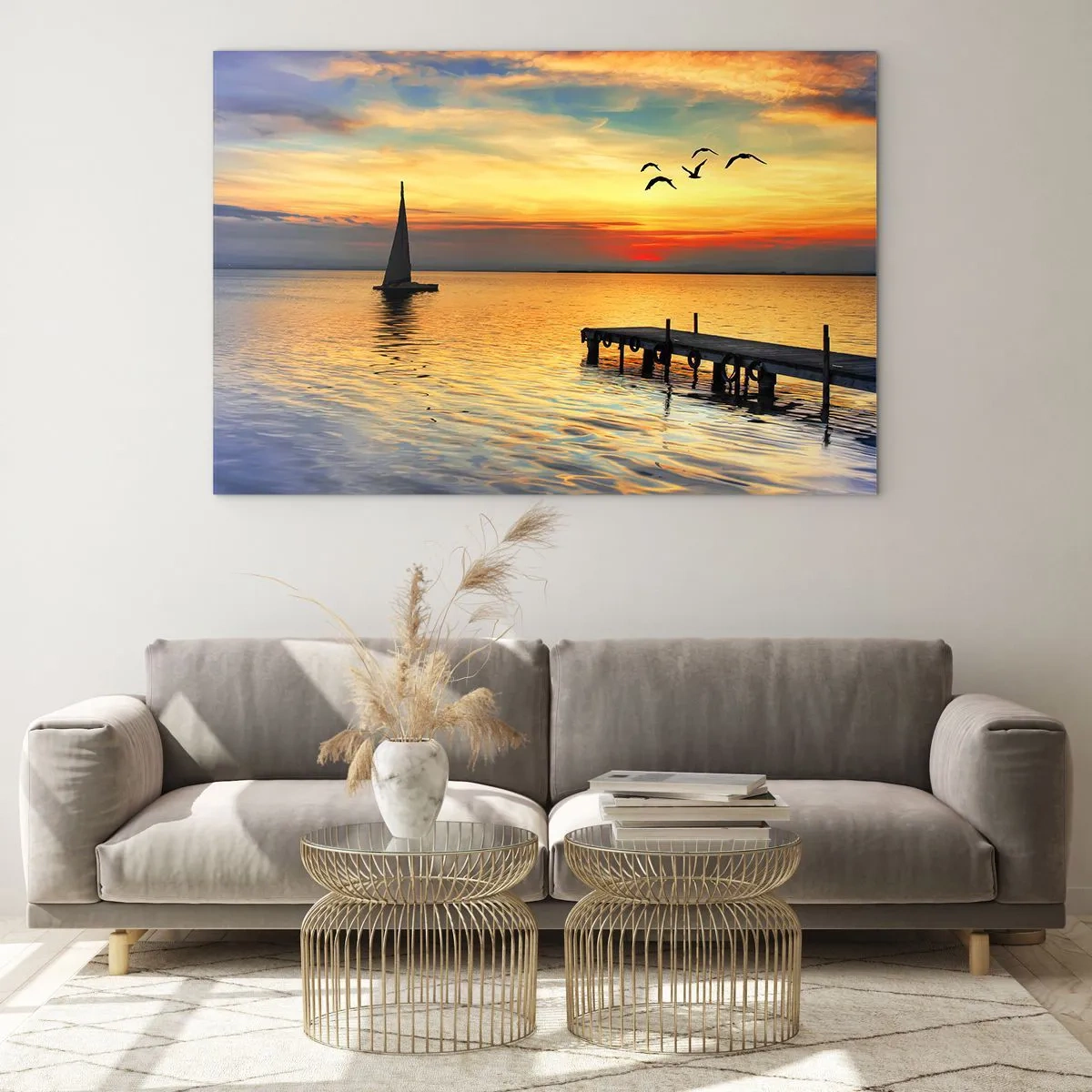 Cuadro sobre vidrio - Impresiones sobre Vidrio - Velero y muelle al atardecer en un lago tranquilo - 100x70cm - Regresos nocturnos - Decoración de pared moderna para salón y dormitorio ARTTOR