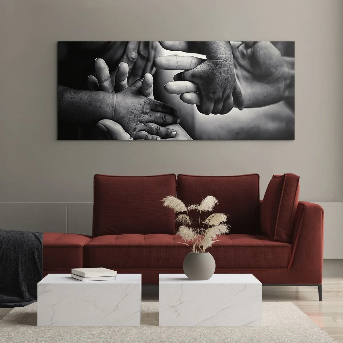 Cuadro sobre vidrio - Impresiones sobre Vidrio - Manos en blanco y negro de diferentes generaciones. - 160x50cm - Ser humano - Decoración de pared moderna para salón y dormitorio ARTTOR