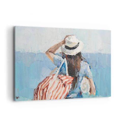 Cuadro sobre lienzo - Impresión de Imagen - Una mujer con sombrero frente al mar azul. - 120x80cm - Bienvenida a tus vacaciones - Decoración de pared moderna para salón y dormitorio ARTTOR