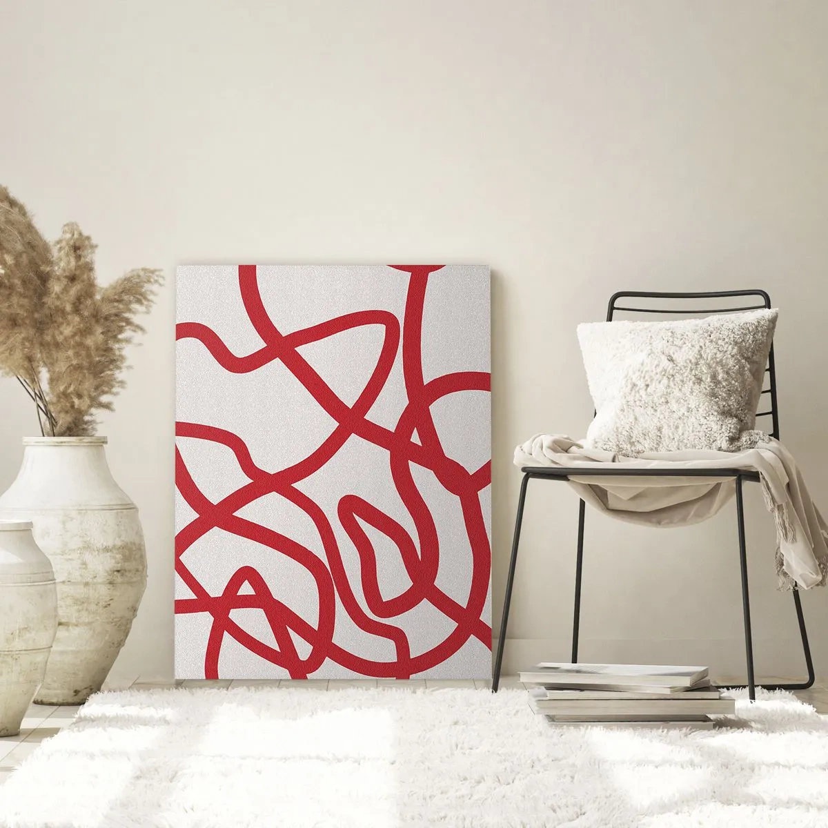 Cuadro sobre vidrio - Impresiones sobre Vidrio - Líneas rojas que giran dinámicamente sobre un fondo blanco - 50x70cm - Rojo sobre blanco - Decoración de pared moderna para salón y dormitorio ARTTOR