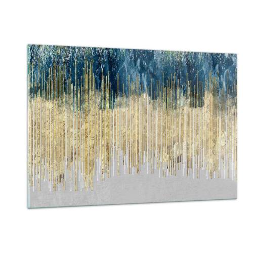 Cuadro sobre vidrio - Impresiones sobre Vidrio - Líneas verticales doradas sobre un fondo de bosque azul oscuro - 120x80cm - Frontera de líneas doradas - Decoración de pared moderna para salón y dormitorio ARTTOR