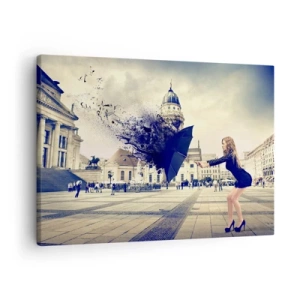 Cuadro sobre lienzo - Impresión de Imagen - Una mujer con un paraguas en una composición artística sobre un fondo urbano. - 70x50cm - Hay un viento tan... - Decoración de pared moderna para salón y dormitorio ARTTOR