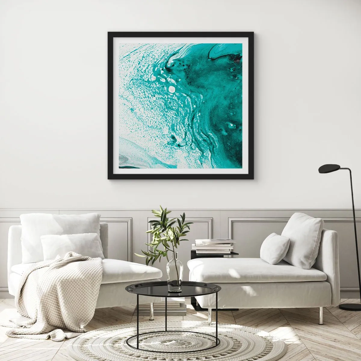 Póster en marco negro - Disolución en blanco y turquesa - 30x30 cm