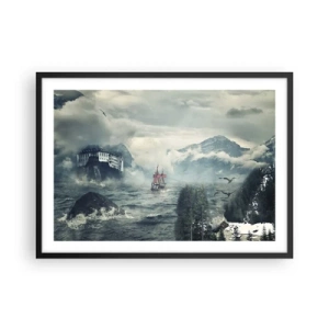 Póster en marco negro - Un paisaje misterioso con un castillo, montañas y un barco. - 70x50cm - En aguas mágicas - Decoración de pared moderna para salón y dormitorio ARTTOR