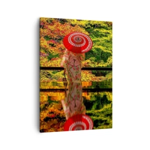Cuadro sobre lienzo - Impresión de Imagen - Una mujer con un kimono y un paraguas con el telón de fondo de un paisaje otoñal. - 50x70cm - En un templo de la naturaleza - Decoración de pared moderna para salón y dormitorio ARTTOR