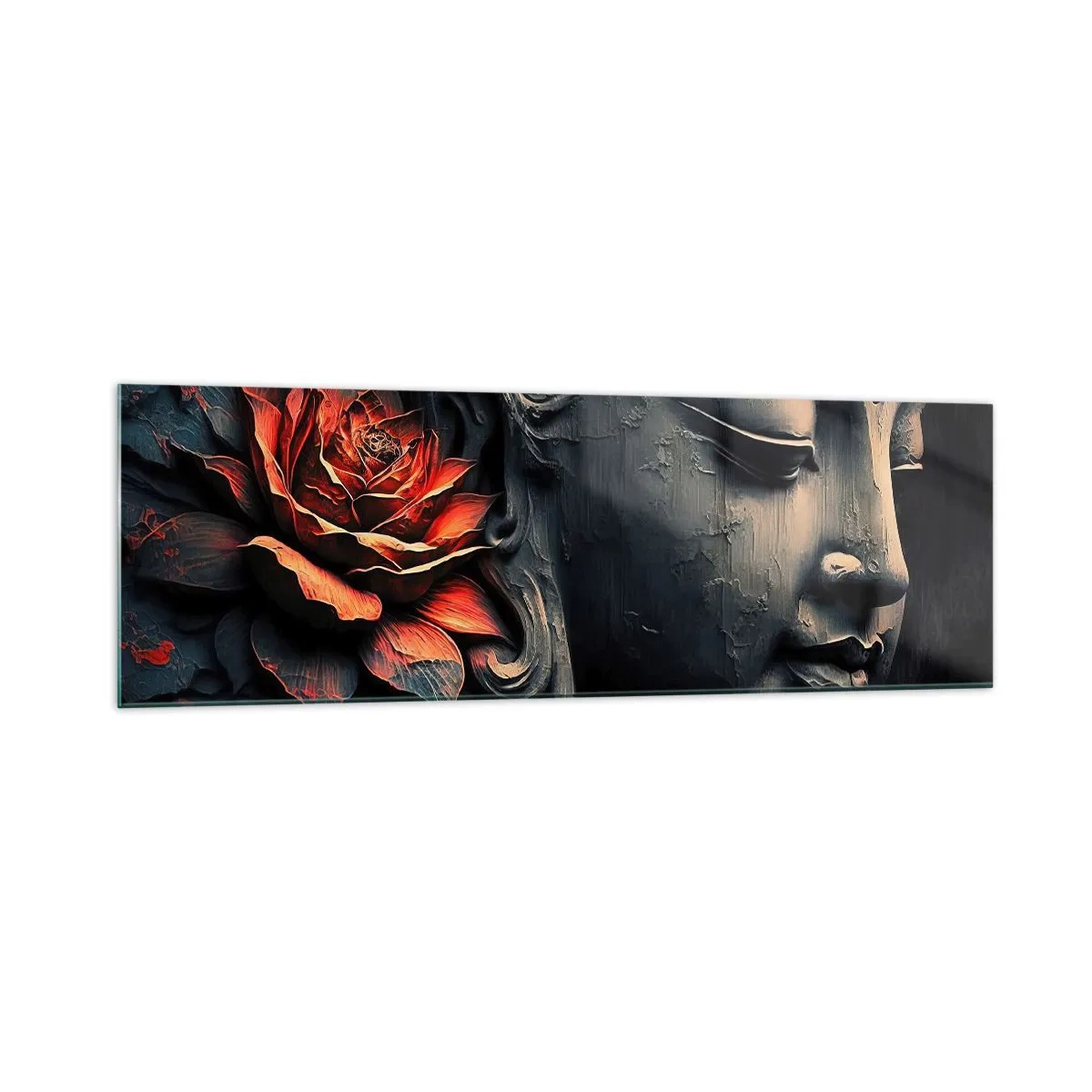 Cuadro sobre vidrio - Impresiones sobre Vidrio - Escultura de Buda con una flor de loto roja. - 160x50cm - En sintonía con el mundo - Decoración de pared moderna para salón y dormitorio ARTTOR