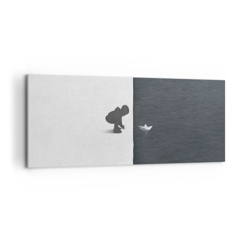 Cuadro sobre lienzo - Impresión de Imagen - Figura de un niño con un barquito de papel sobre un fondo de mitades contrastantes. - 120x50cm - Una gran expedición náutica - Decoración de pared moderna para salón y dormitorio ARTTOR