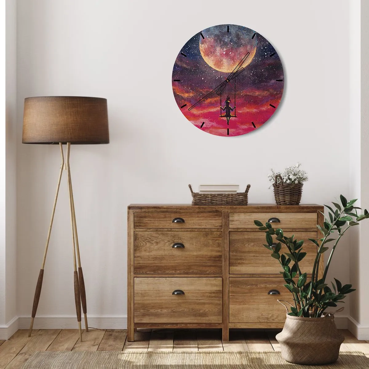Reloj de pared - Reloj de vidrio - Una niña en un columpio suspendido bajo la luna. - 30x30cm - Disfrutar de las nubes - Decoración de pared moderna para salón, cocina y dormitorio ARTTOR
