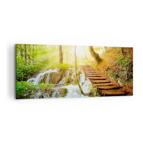 Cuadro sobre lienzo - Impresión de Imagen - Camino forestal con escaleras de madera junto a la cascada. - 120x50cm - El ansiado frescor - Decoración de pared moderna para salón y dormitorio ARTTOR