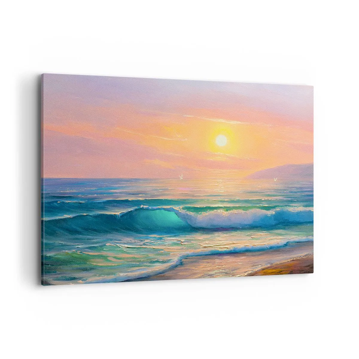 Cuadro sobre lienzo - Impresión de Imagen - Paisaje marino con puesta de sol - 120x80cm - El canto turquesa de las olas - Decoración de pared moderna para salón y dormitorio ARTTOR