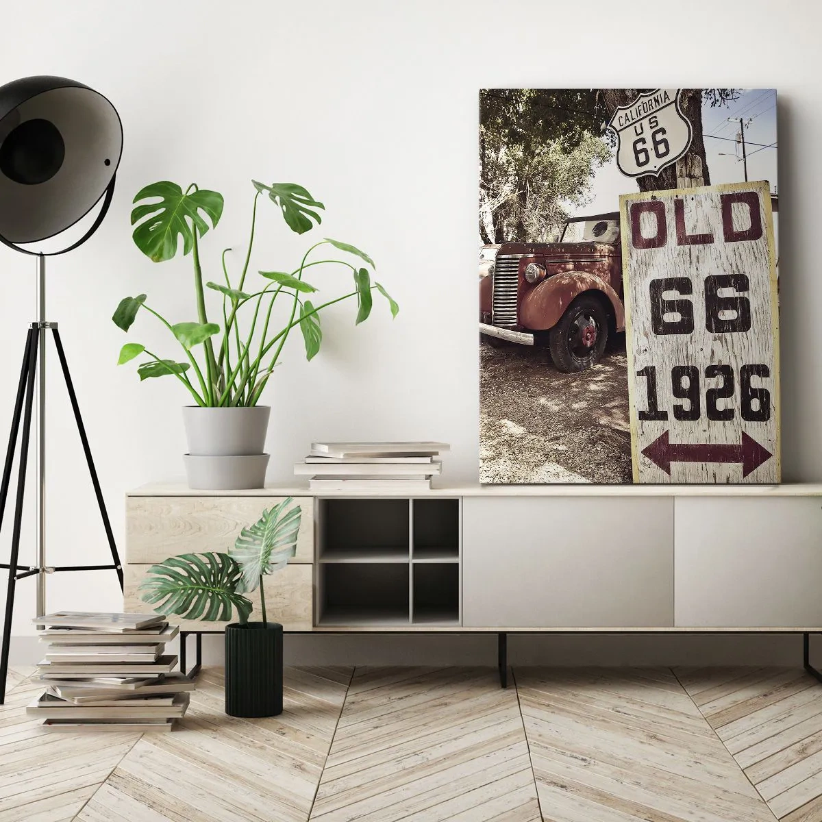 Cuadro sobre lienzo - Impresión de Imagen - Coche retro y cartel de la Ruta 66 en un entorno rústico - 80x120cm - Una leyenda de la América profunda - Decoración de pared moderna para salón y dormitorio ARTTOR