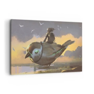 Cuadro sobre lienzo - Impresión de Imagen - Jinete en un pájaro gigante en un paisaje surrealista - 100x70cm - Una parada en un viaje fantástico - Decoración de pared moderna para salón y dormitorio ARTTOR
