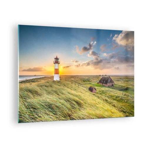 Cuadro sobre vidrio - Impresiones sobre Vidrio - Un faro al atardecer sobre un mar tempestuoso - 70x50cm - Entre las olas - Decoración de pared moderna para salón y dormitorio ARTTOR