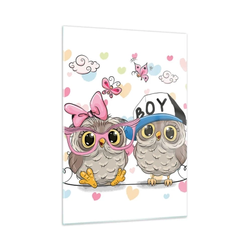 Cuadro sobre vidrio - Impresiones sobre Vidrio - Un par de alegres búhos en una composición pastel. - 50x70cm - El amor - Decoración de pared moderna para salón y dormitorio ARTTOR