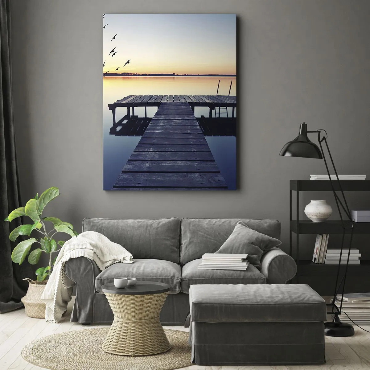 Cuadro sobre lienzo - Impresión de Imagen - Muelle de madera en un lago al amanecer con pájaros - 50x70cm - Fue un buen día - Decoración de pared moderna para salón y dormitorio ARTTOR