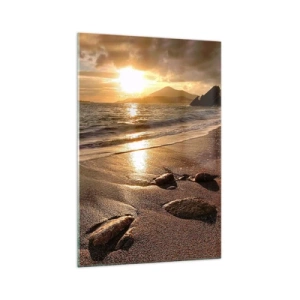 Cuadro sobre vidrio - Impresiones sobre Vidrio - Playa al atardecer con piedras en la orilla - 70x100cm - Sigue el sol hacia las colinas - Decoración de pared moderna para salón y dormitorio ARTTOR