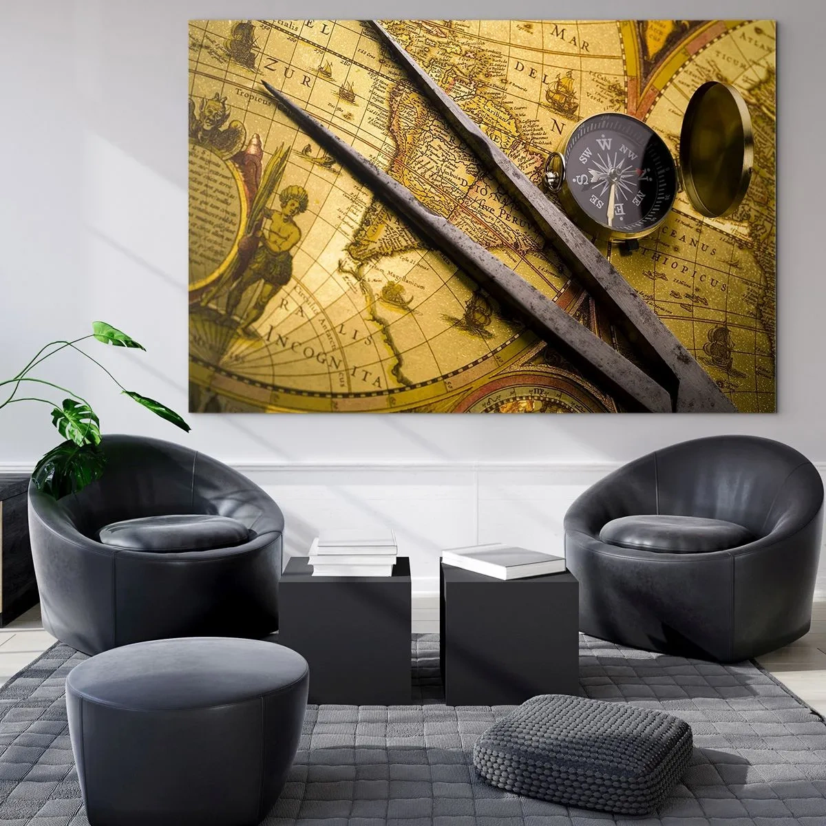 Cuadro sobre vidrio - Impresiones sobre Vidrio - Mapa antiguo con brújula y compás - 100x70cm - ¿Dónde están los tesoros? - Decoración de pared moderna para salón y dormitorio ARTTOR