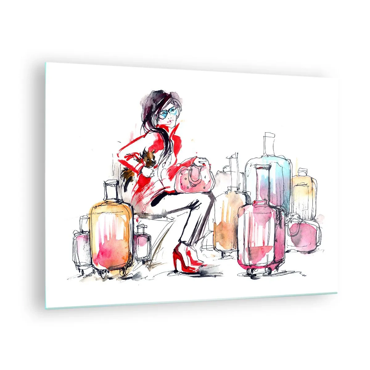 Cuadro sobre vidrio - Impresiones sobre Vidrio - Una mujer con un abrigo rojo rodeada de maletas en un estilo esquemático. - 70x50cm - Sentémonos antes del viaje - Decoración de pared moderna para salón y dormitorio ARTTOR