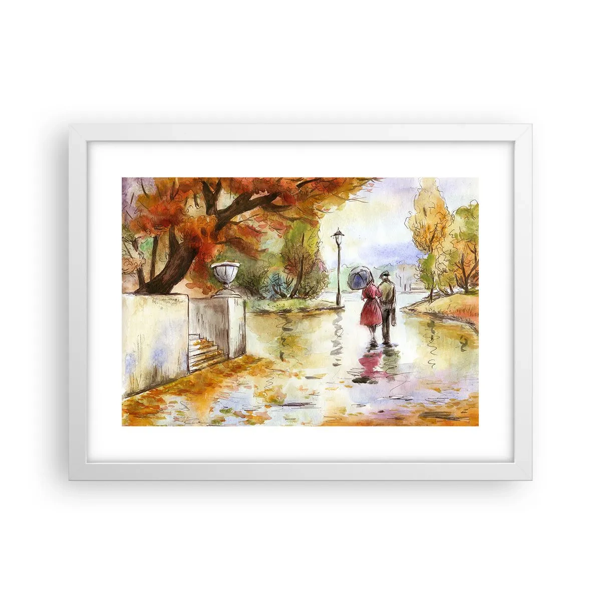 Póster en marco blanco - Un otoño romántico en el parque - 40x30 cm