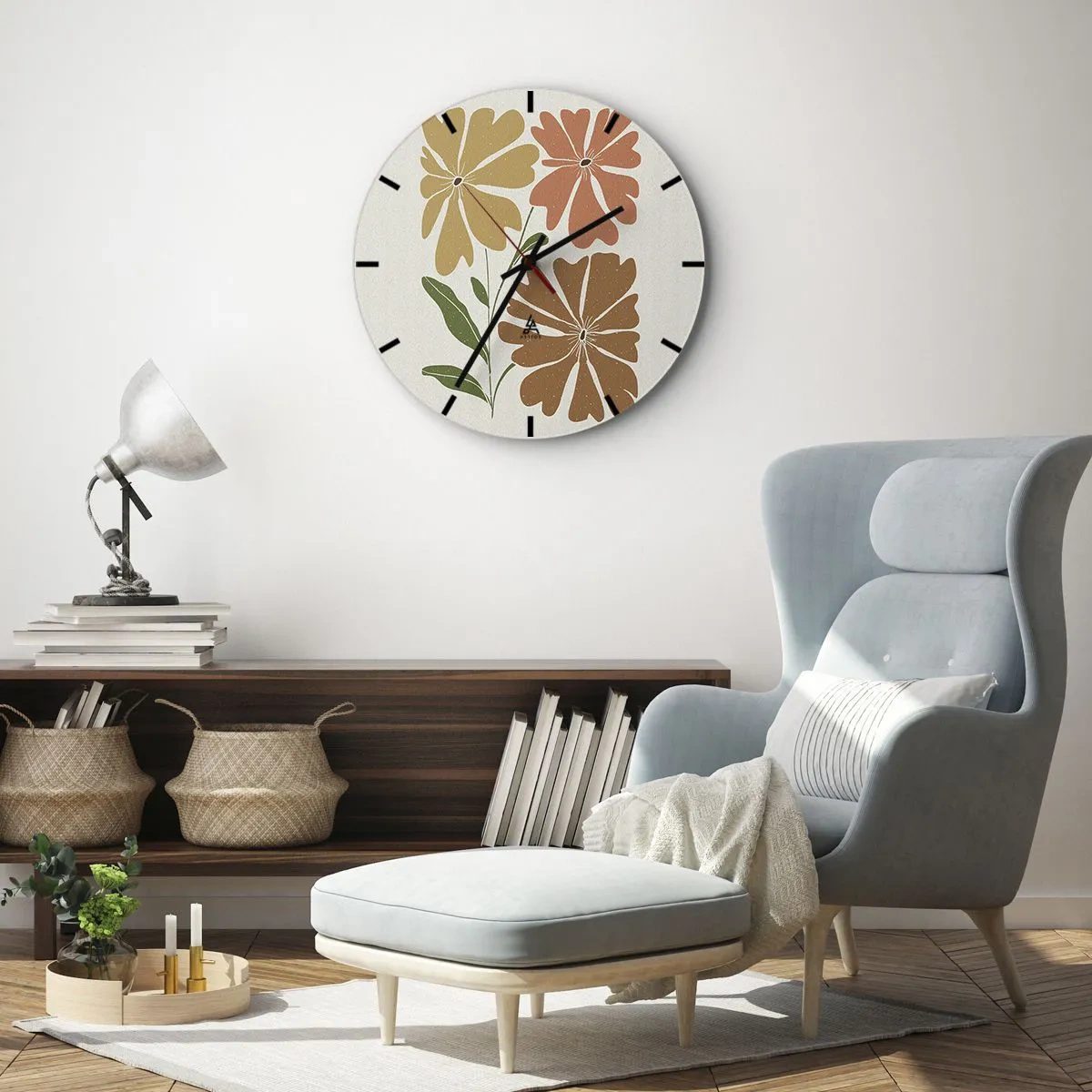 Reloj de pared - Reloj de vidrio - Una composición floral en tonos cálidos sobre un fondo claro. - 30x30cm - Naturaleza y geometría - Decoración de pared moderna para salón, cocina y dormitorio ARTTOR