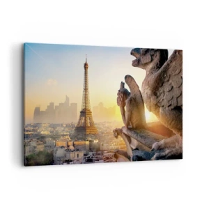 Cuadro sobre lienzo - Impresión de Imagen - Vista de la Torre Eiffel con gárgolas al fondo - 120x80cm - Ha cambiado tanto la ciudad... - Decoración de pared moderna para salón y dormitorio ARTTOR