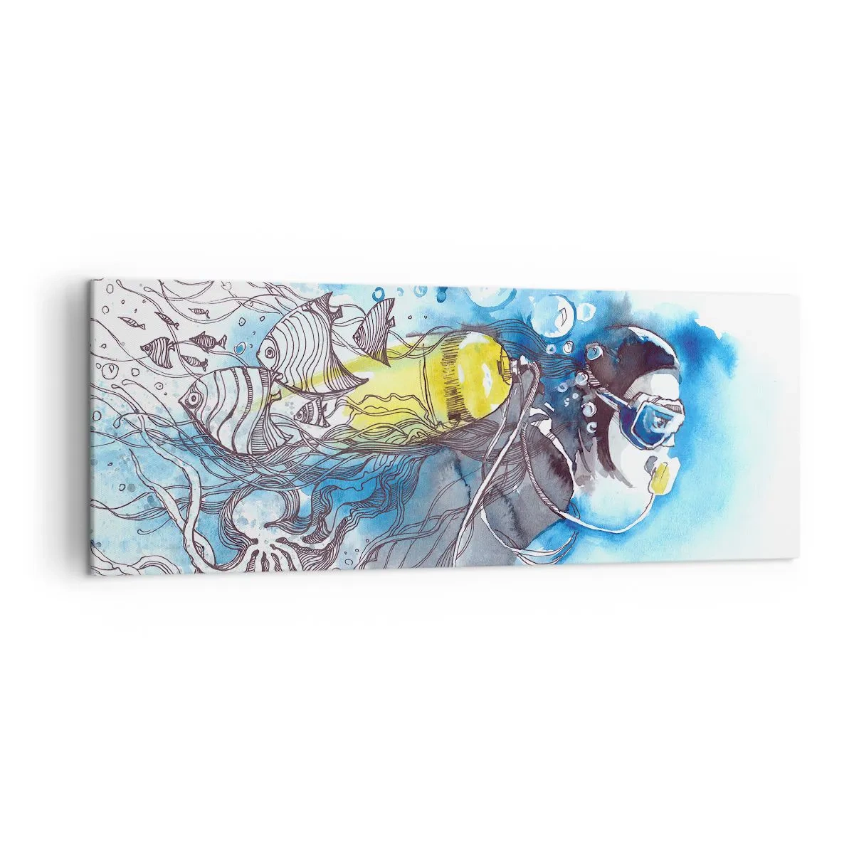 Cuadro sobre lienzo - Impresión de Imagen - Escena submarina con un buceador y peces exóticos. - 140x50cm - Sumergirse en lo desconocido - Decoración de pared moderna para salón y dormitorio ARTTOR