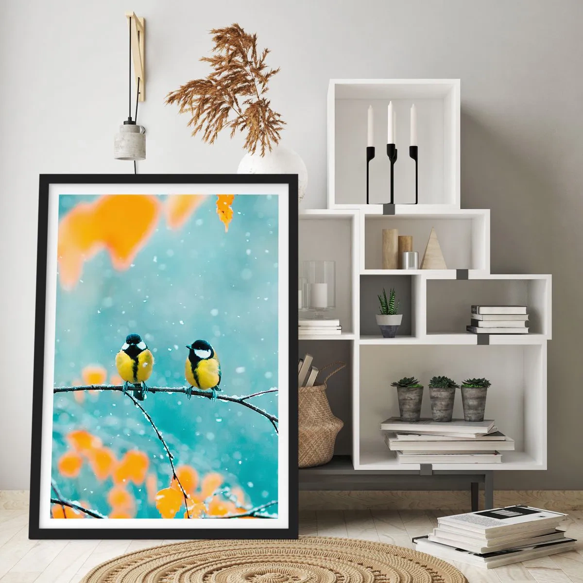 Póster en marco negro - Dos tetas sentadas en una rama en un paisaje invernal - 50x70cm - Cotilleo de pájaros - Decoración de pared moderna para salón y dormitorio ARTTOR