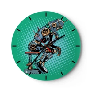 Reloj de pared - Reloj de vidrio - Un robot en pose de pensador sobre un fondo verde. - 30x30cm - Sobre la esencia del ser - Decoración de pared moderna para salón, cocina y dormitorio ARTTOR