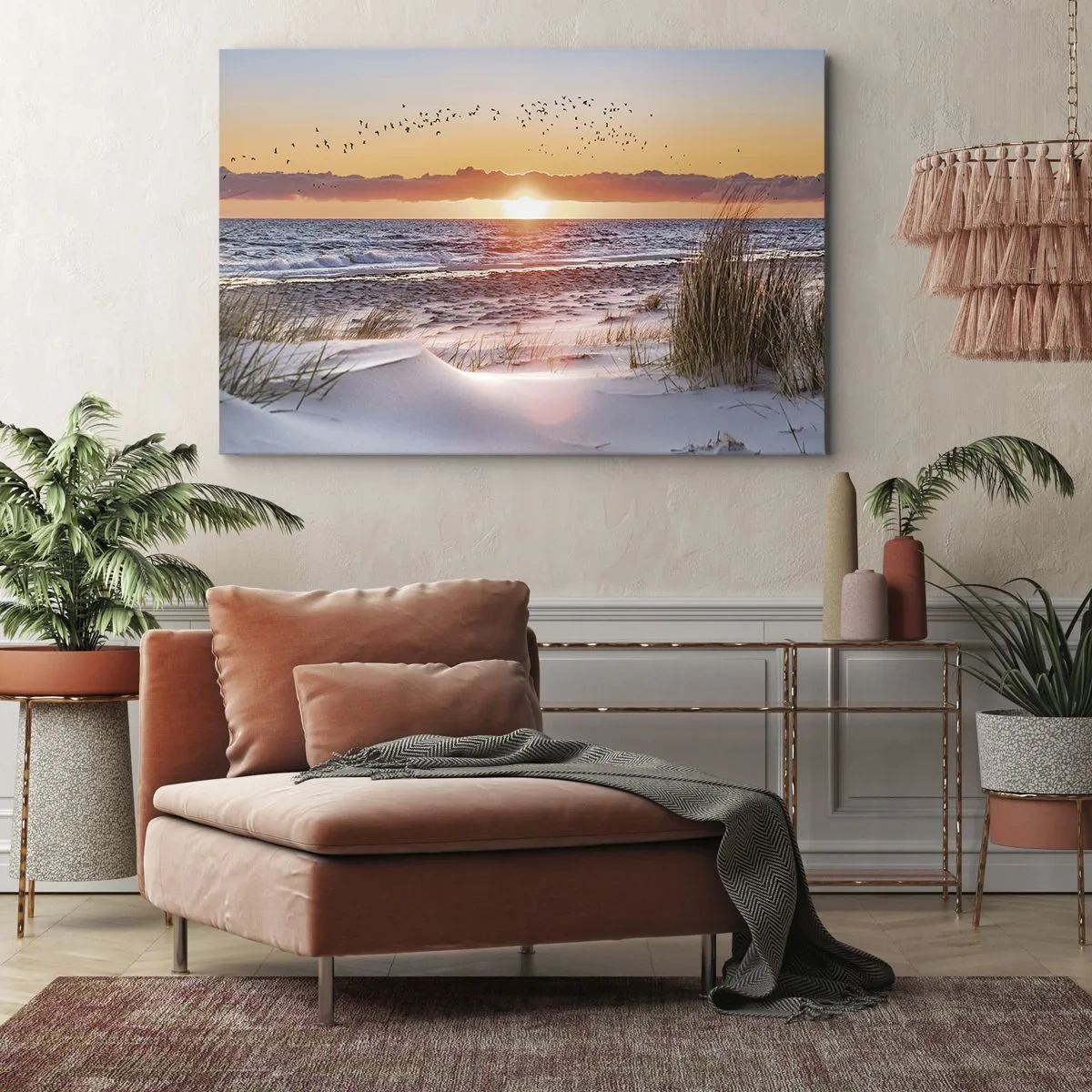 Cuadro sobre lienzo - Impresión de Imagen - Puesta de sol sobre el mar con vistas a las dunas - 70x50cm - Paisaje horizontal - Decoración de pared moderna para salón y dormitorio ARTTOR