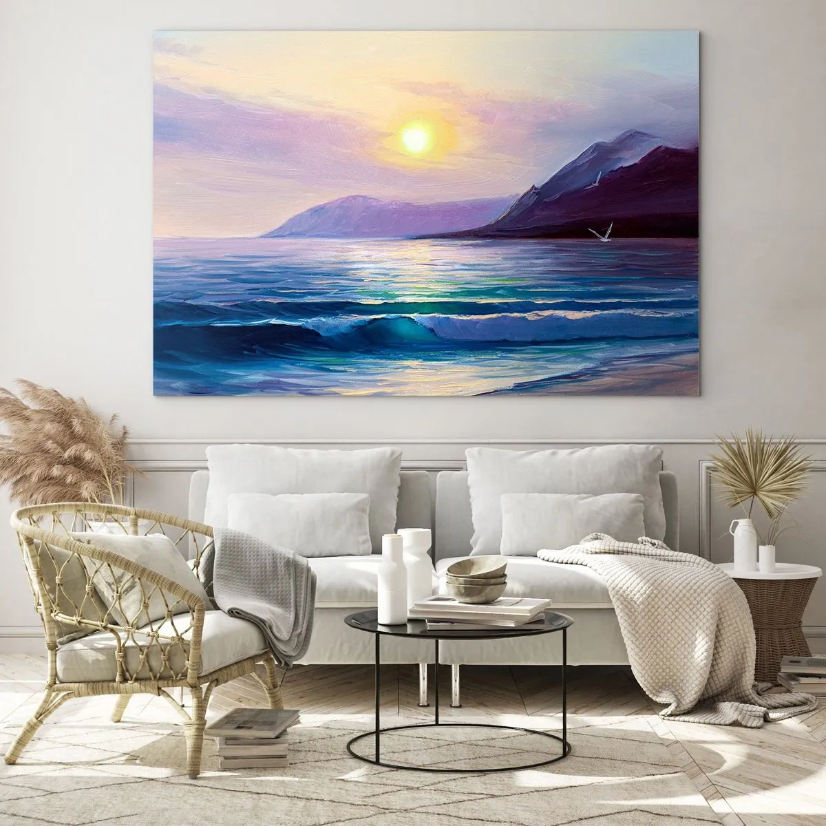 Cuadro sobre vidrio - Impresiones sobre Vidrio - Una pintoresca puesta de sol sobre el mar tranquilo y las montañas. - 70x50cm - Cristal de agua y aire - Decoración de pared moderna para salón y dormitorio ARTTOR