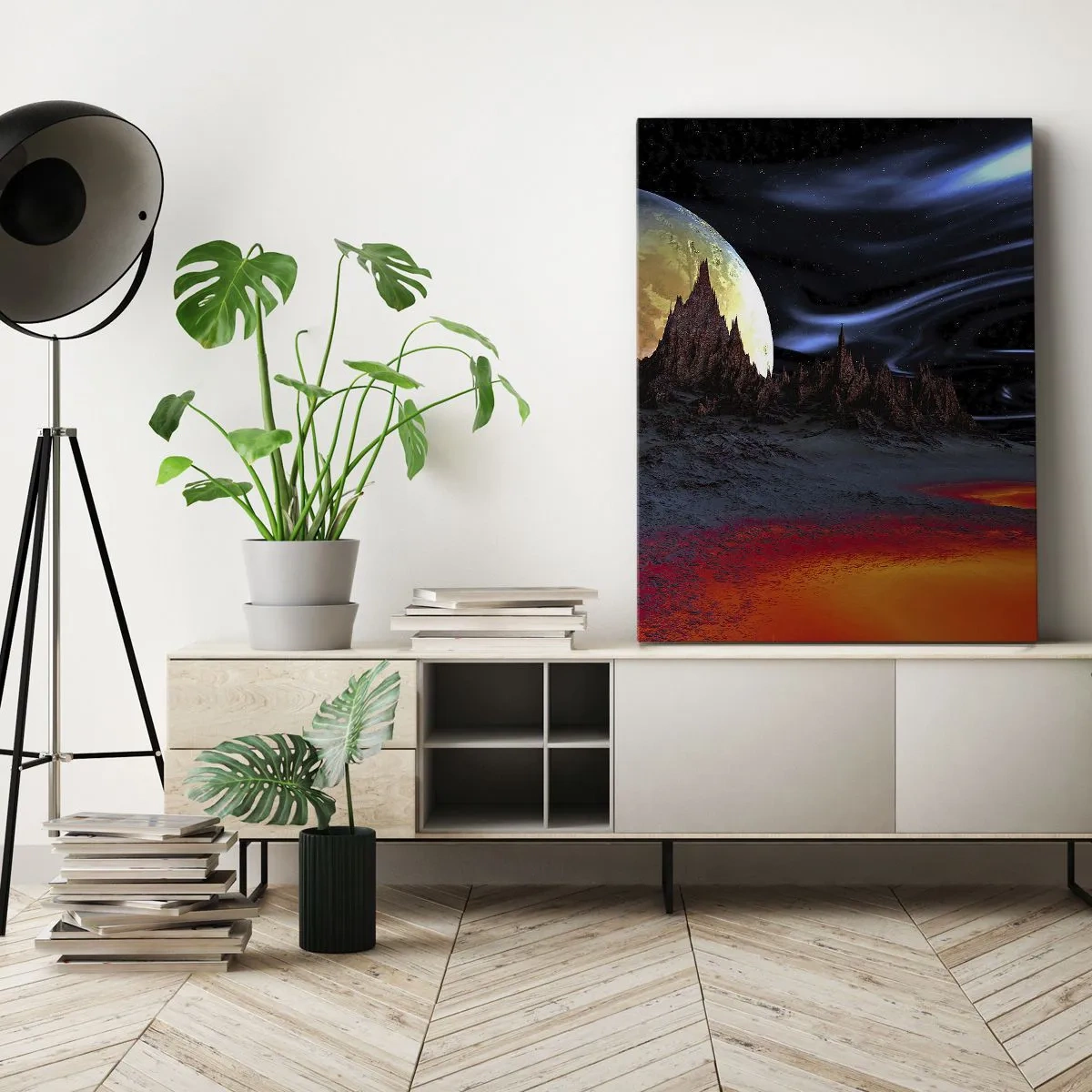 Cuadro sobre lienzo - Impresión de Imagen - Un paisaje fantástico con planetas y paisajes volcánicos. - 70x100cm - Mundo desconocido - Decoración de pared moderna para salón y dormitorio ARTTOR