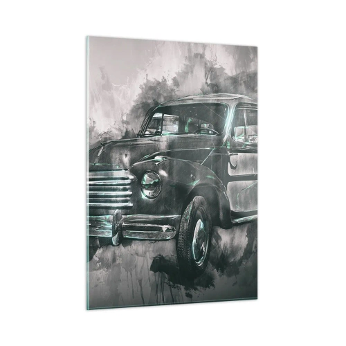 Cuadro sobre vidrio - Impresiones sobre Vidrio - Un coche antiguo en tonos grises y turquesas. - 50x70cm - Antepasado respetable - Decoración de pared moderna para salón y dormitorio ARTTOR