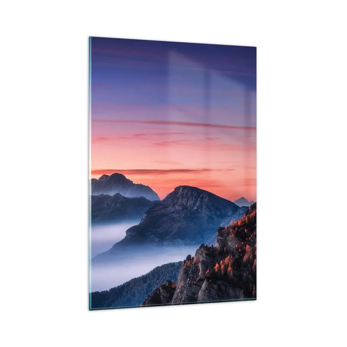 Cuadro sobre vidrio - Impresiones sobre Vidrio - Paisaje de montaña al amanecer con niebla en los valles. - 80x120cm - Sobre los valles - Decoración de pared moderna para salón y dormitorio ARTTOR