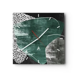 Reloj de pared - Reloj de vidrio - Composición abstracta con formas verdes y patrones de puntos. - 30x30cm - Abstracción colorista con un copo de oro - Decoración de pared moderna para salón y dormitorio ARTTOR
