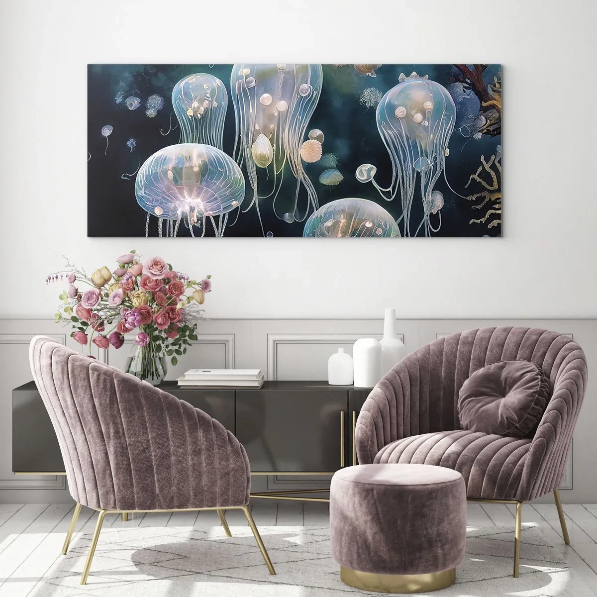 Cuadro sobre vidrio - Impresiones sobre Vidrio - Delicadas medusas en el mundo submarino - 140x50cm - Globos submarinos - Decoración de pared moderna para salón y dormitorio ARTTOR