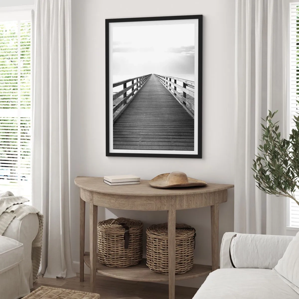 Póster en marco negro - Un puente blanco y negro que conduce al infinito. - 50x70cm - En la distancia... - Decoración de pared moderna para salón y dormitorio ARTTOR