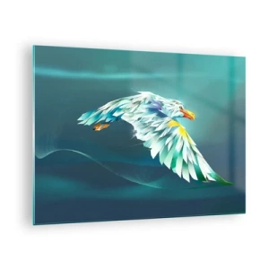 Cuadro sobre vidrio - Impresiones sobre Vidrio - Una imagen abstracta de un águila en tonos azules y blancos sobre un fondo de olas. - 70x50cm - El poder del vuelo del águila - Decoración de pared moderna para salón y dormitorio ARTTOR