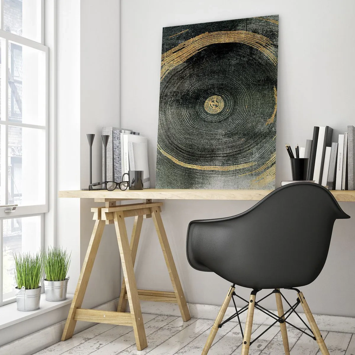 Cuadro sobre vidrio - Impresiones sobre Vidrio - Sección transversal de un tronco de árbol con detalles y acentos dorados. - 50x70cm - Cambio y perpetuidad - Decoración de pared moderna para salón y dormitorio ARTTOR