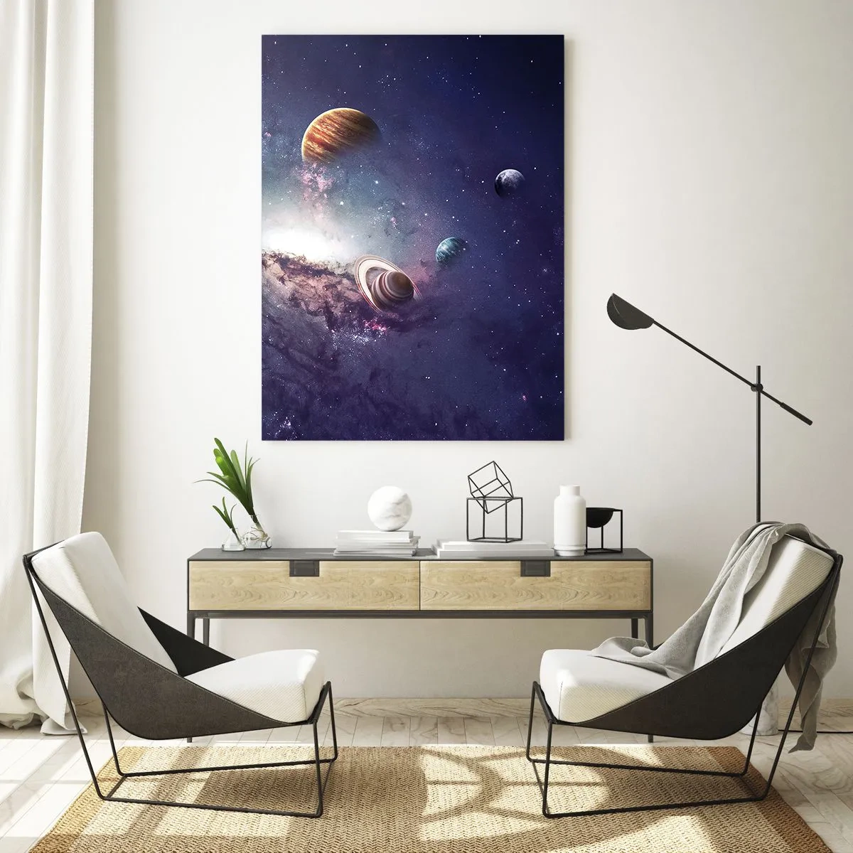 Cuadro sobre vidrio - Impresiones sobre Vidrio - Planetas en una galaxia con una nebulosa al fondo - 80x120cm - La danza alrededor del Sol - Decoración de pared moderna para salón y dormitorio ARTTOR