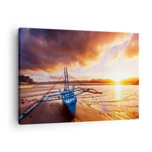 Cuadro sobre lienzo - Impresión de Imagen - Barco azul en la playa al atardecer - 70x50cm - Después de un largo día, relájate en la arena - Decoración de pared moderna para salón y dormitorio ARTTOR