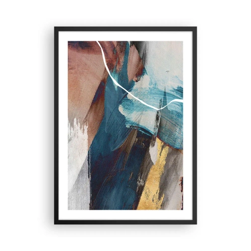 Póster en marco negro - Abstracción expresiva en tonos azules y dorados. - 50x70cm - Con estilo y energía - Decoración de pared moderna para salón y dormitorio ARTTOR