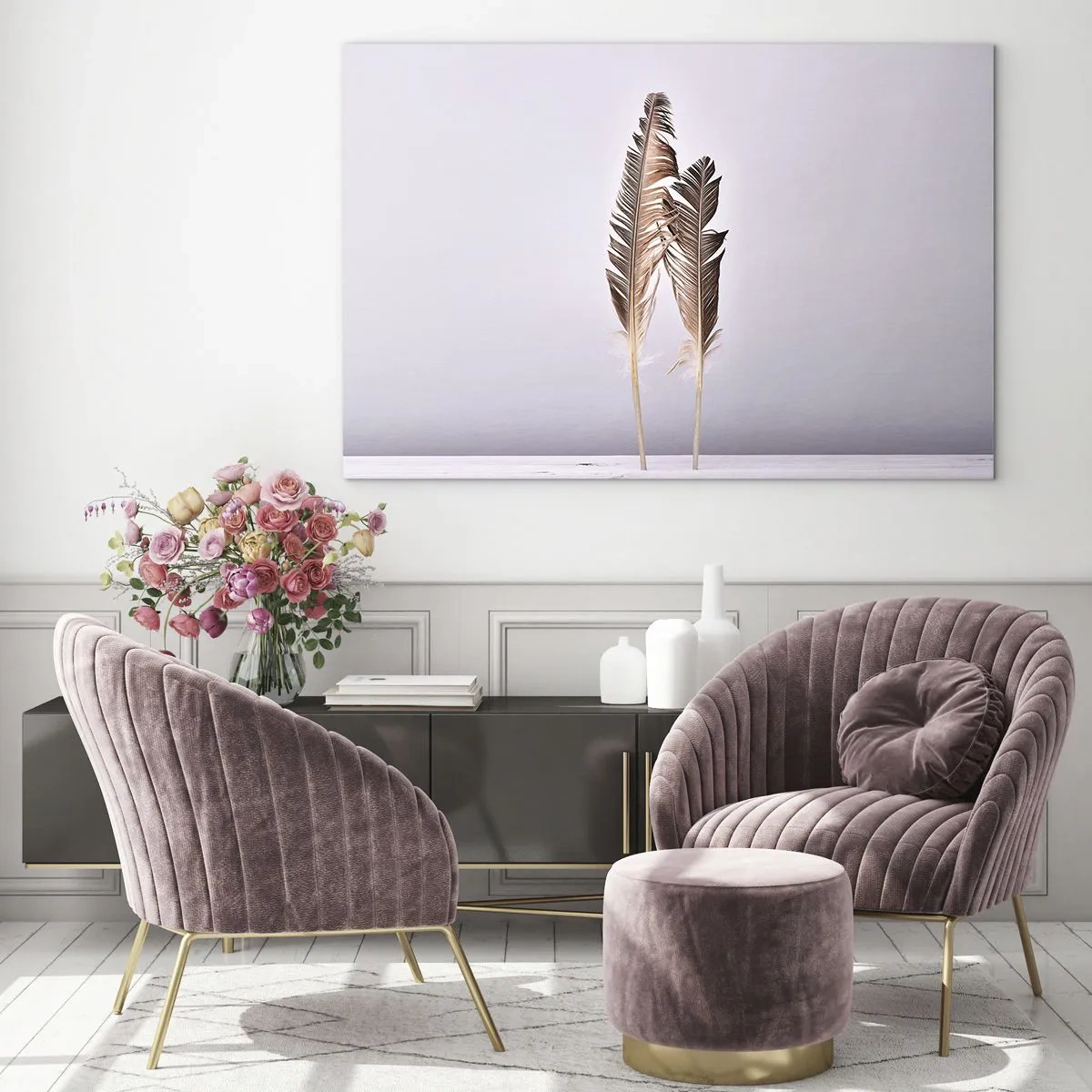 Cuadro sobre vidrio - Impresiones sobre Vidrio - Dos delicadas plumas sobre un fondo claro. - 70x50cm - Contra la nada - Decoración de pared moderna para salón y dormitorio ARTTOR