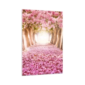 Cuadro sobre vidrio - Impresiones sobre Vidrio - Una avenida de árboles en flor en tonos rosa. - 70x100cm - El camino al paraíso - Decoración de pared moderna para salón y dormitorio ARTTOR