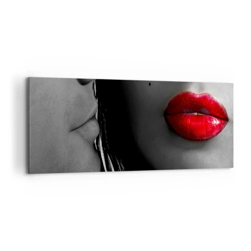 Cuadro sobre lienzo - Impresión de Imagen - Primer plano de los rostros de una mujer y un hombre con labios rojos. - 120x50cm - Cara a cara - Decoración de pared moderna para salón y dormitorio ARTTOR