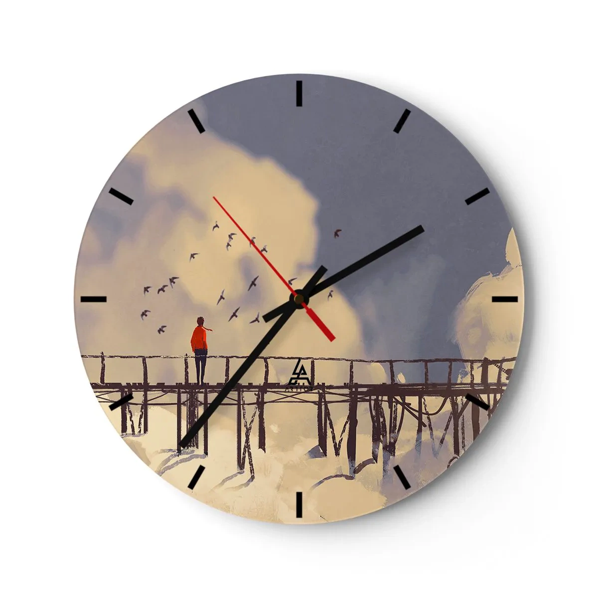 Reloj de pared - Reloj de vidrio - Una figura en un puente con pájaros sobre el fondo de cielo y nubes. - 30x30cm - Anhelo azul - Decoración de pared moderna para salón, cocina y dormitorio ARTTOR