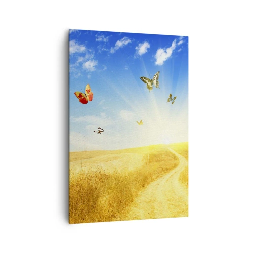 Cuadro sobre lienzo - Impresión de Imagen - Un campo dorado, un camino y mariposas contra un cielo azul. - 70x100cm - ¿Cómo no amar el verano? - Decoración de pared moderna para salón y dormitorio ARTTOR
