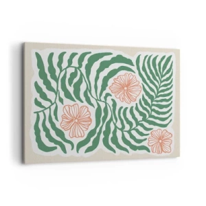 Cuadro sobre lienzo - Impresión de Imagen - Un motivo minimalista de hojas verdes con flores en tonos naranjas. - 100x70cm - Florecido en verde - Decoración de pared moderna para salón y dormitorio ARTTOR